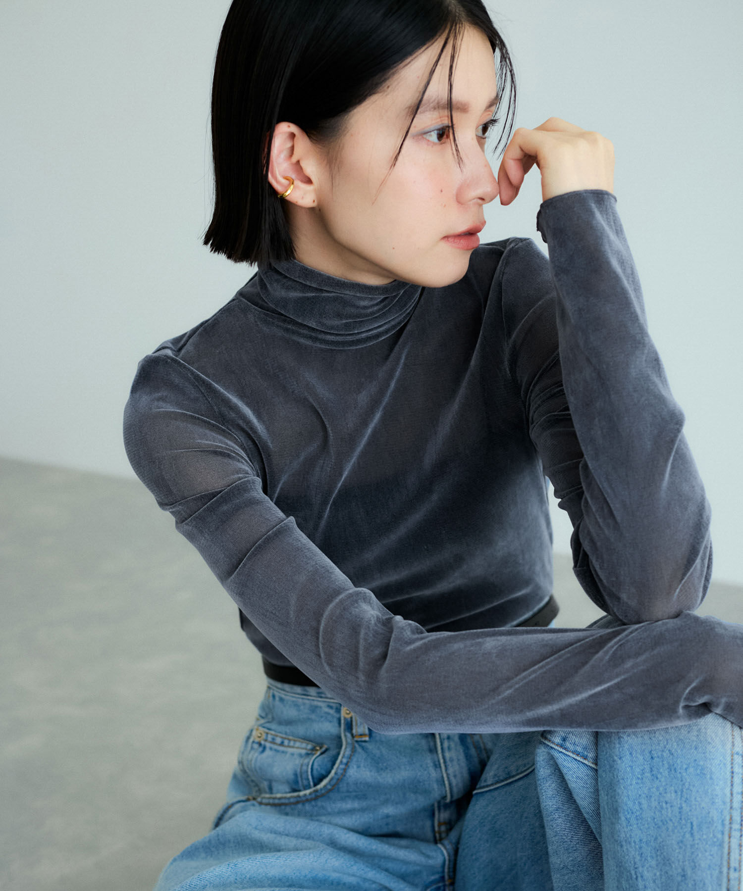 ADAM ET ROPE'「【洗える】タートルネックフロッキーチュールプルオーバー」|Tシャツ・カットソー|ブルー系(47)