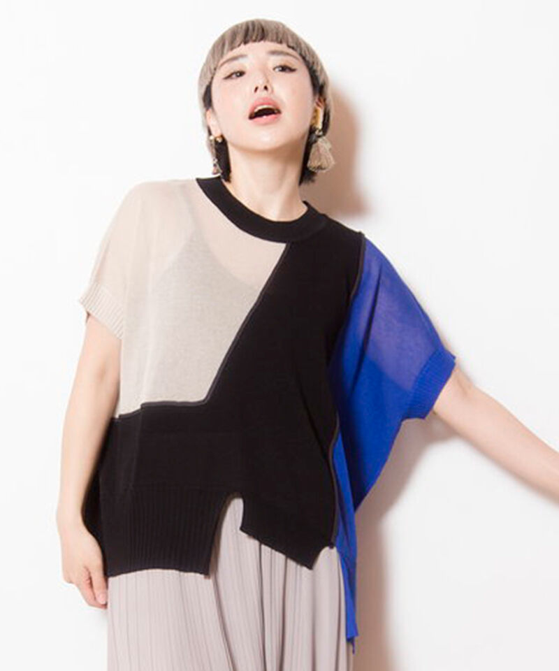  「ライン切替ニットプルオーバー」|ニット・セーター|BLUE