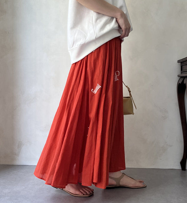  「【WEB限定】インド綿刺繍フレアスカート」|スカート|オレンジ