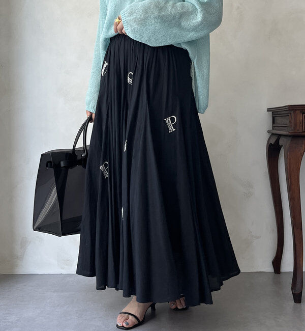  「【WEB限定】インド綿刺繍フレアスカート」|スカート|ブラック