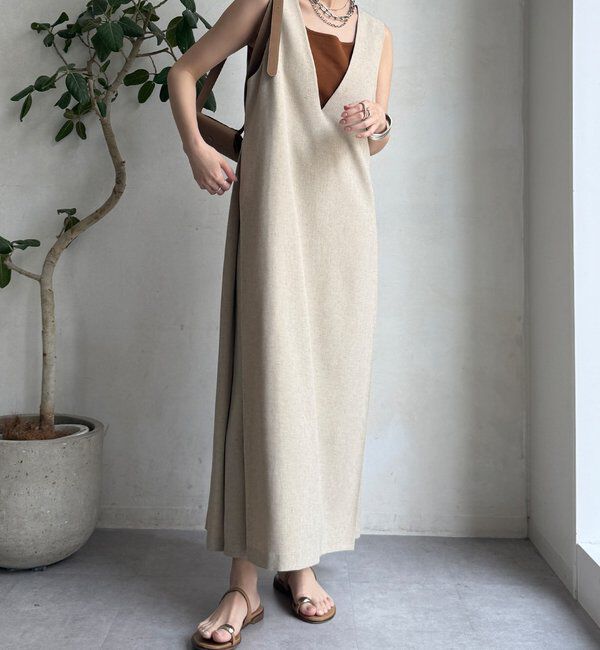  「【WEB限定】リネン混深Vジャンスカ」|ワンピース|