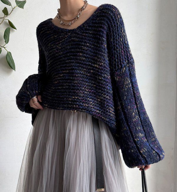  「MIXヤーンVネックプルオーバー」|ニット・セーター|ネイビー