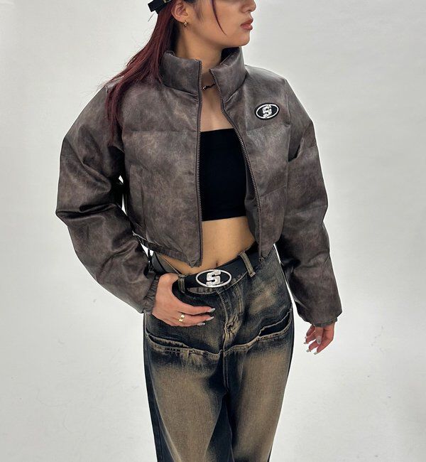  「《３サイズ展開》Sロゴヴィンテージライク中綿レザーブルゾン」|ブルゾン・スタジャン|