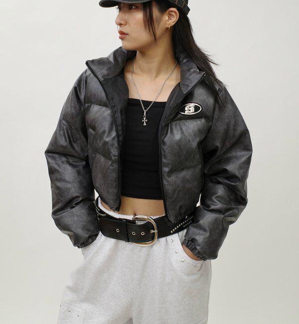  「《３サイズ展開》Sロゴヴィンテージライク中綿レザーブルゾン」|ブルゾン・スタジャン|チャコールグレー