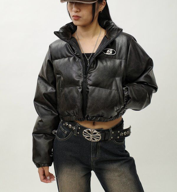  「《３サイズ展開》Sロゴヴィンテージライク中綿レザーブルゾン」|ブルゾン・スタジャン|