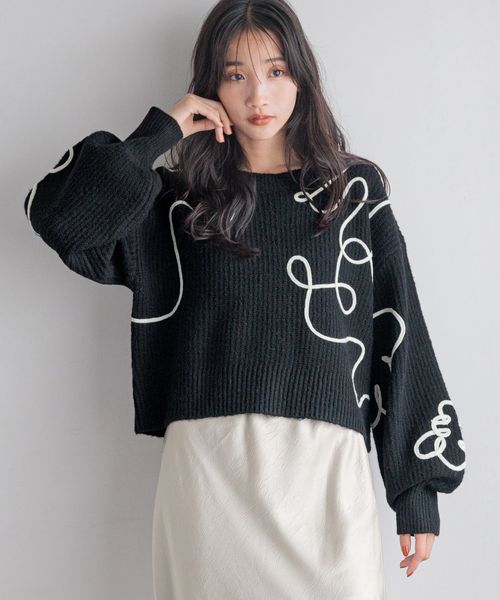 LOWRYS FARM「エンブロイダリーニップルオーバーＬＳ」|ニット・セーター|ブラック