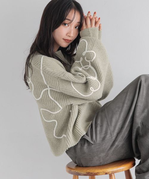 LOWRYS FARM「エンブロイダリーニップルオーバーＬＳ」|ニット・セーター|グリーン２