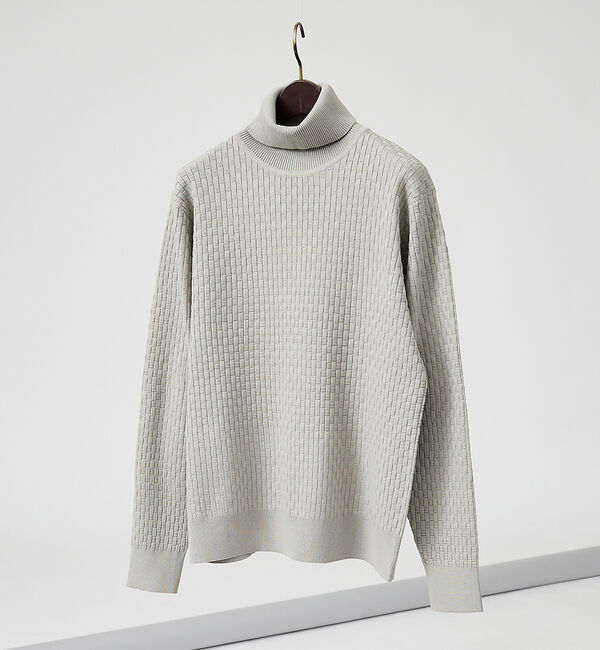 ABAHOUSE「【ハイストレッチ】ブロックチェック ジャガード タートルネック ニット」|ニット・セーター|グレージュ