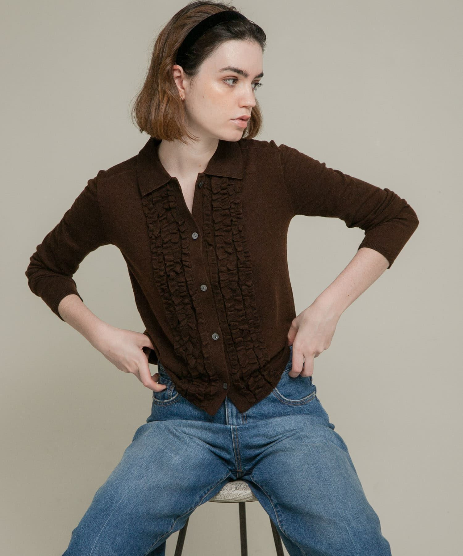 Sonny Label 「シルク混フリルニットシャツ」|ニット・セーター|ブラウン