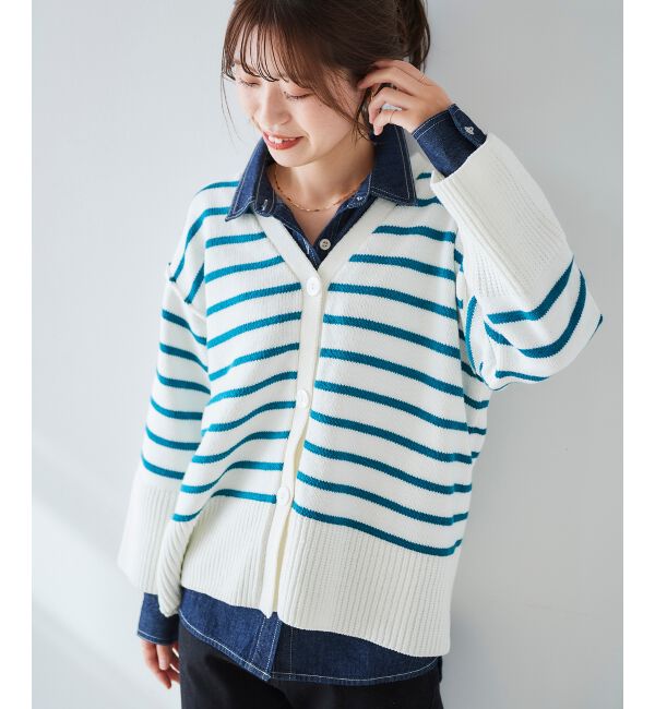 le.coeur blanc「ボーダーワイドシルエットVネックカーディガン」|カーディガン|