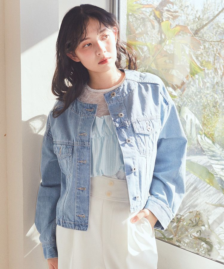 earth music&ecology「ノーカラーデニムジャケット」|テーラードジャケット|