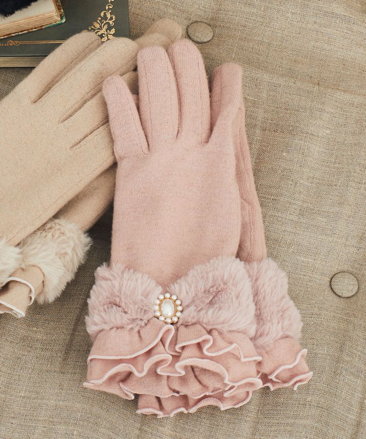 Maison de FLEUR「ファーリボンフリルグローブ」|その他|ピンク