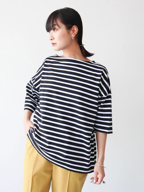  「ボーダーボートネック7分袖プルオーバー」|Tシャツ・カットソー|ブラック