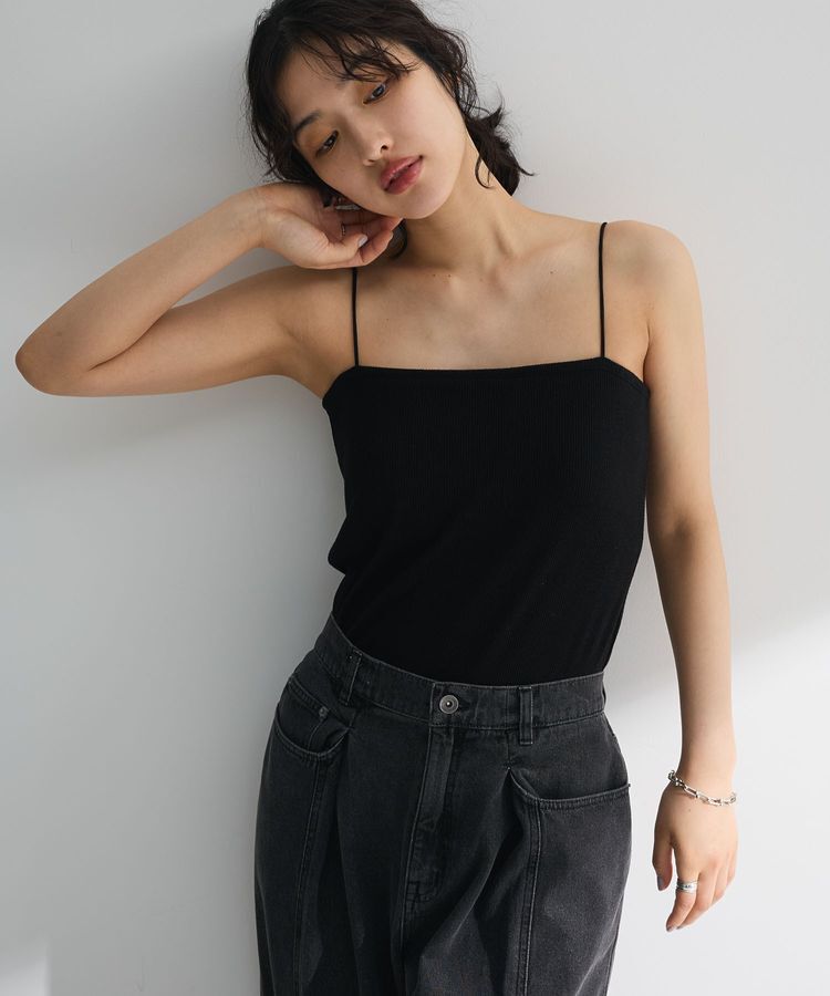 Green Parks「カップ付ラメリブベアトップ」|インナー|Black