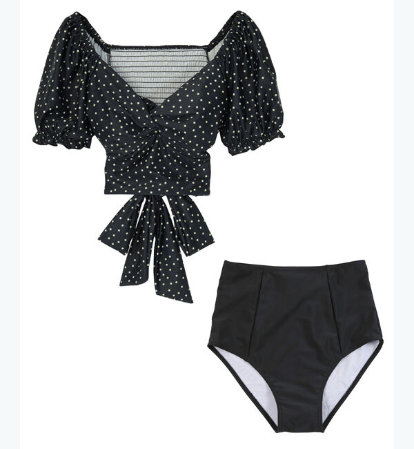 SEA DRESS「バックリボントップスハイウエストビキニ/水着」|ビキニ|ドット/ブラック