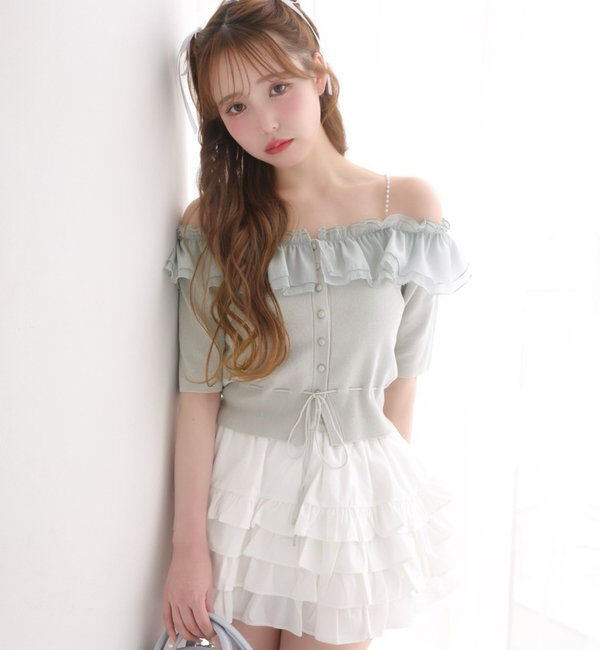  「肩パールオフショルフリルニット」|ニット・セーター|