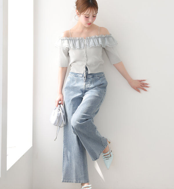  「肩パールオフショルフリルニット」|ニット・セーター|