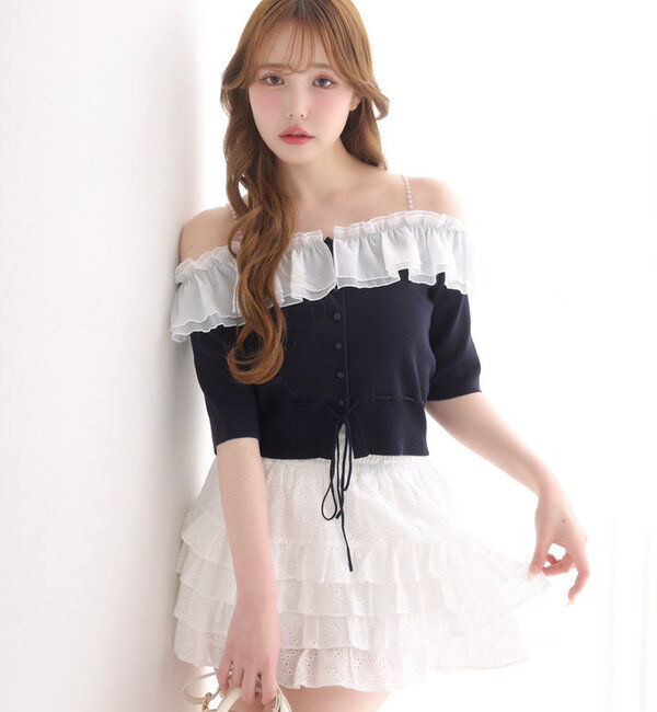  「肩パールオフショルフリルニット」|ニット・セーター|