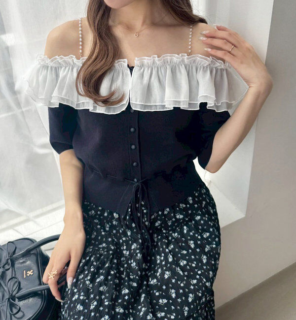  「肩パールオフショルフリルニット」|ニット・セーター|