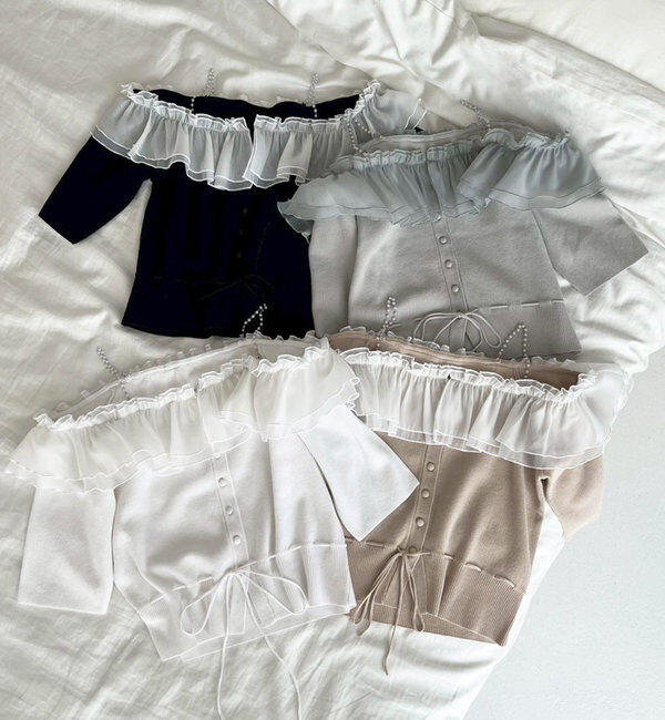  「肩パールオフショルフリルニット」|ニット・セーター|