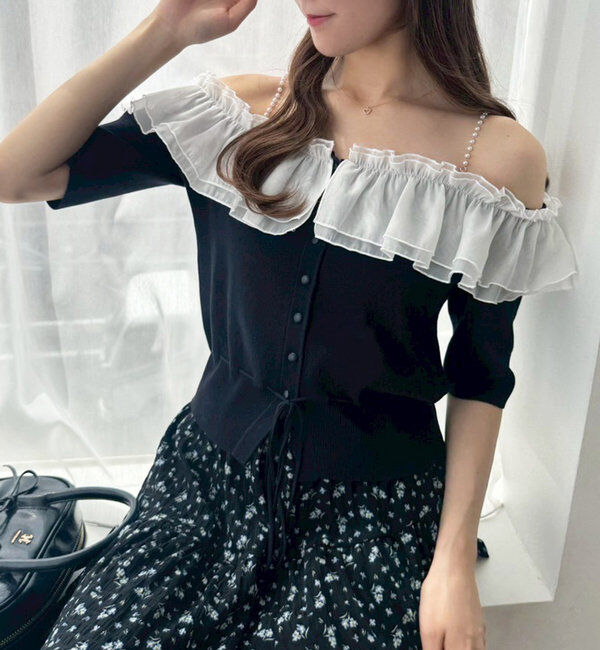  「肩パールオフショルフリルニット」|ニット・セーター|