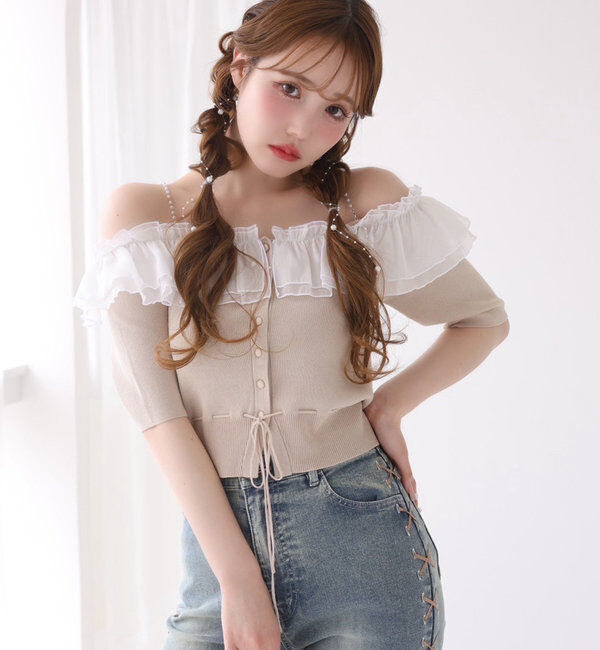  「肩パールオフショルフリルニット」|ニット・セーター|ベージュ