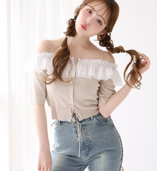  「肩パールオフショルフリルニット」|ニット・セーター|