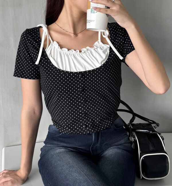  「【WEB限定】レイヤード半袖トップス」|プルオーバー|ブラック系その他