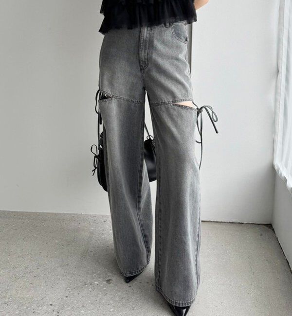  「【ウエストサイズ調整可】サイドあきリボンワイドデニム」|その他|グレー