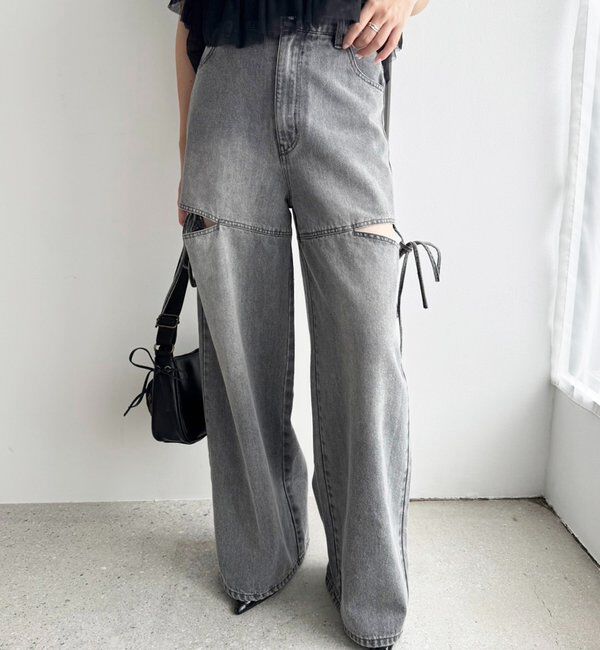  「【ウエストサイズ調整可】サイドあきリボンワイドデニム」|その他|