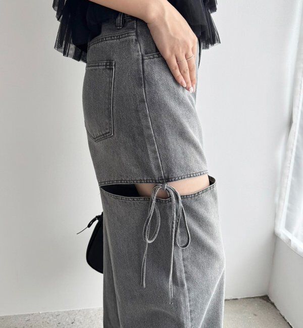  「【ウエストサイズ調整可】サイドあきリボンワイドデニム」|その他|