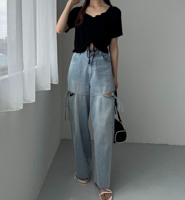  「【ウエストサイズ調整可】サイドあきリボンワイドデニム」|その他|