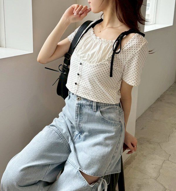  「【ウエストサイズ調整可】サイドあきリボンワイドデニム」|その他|