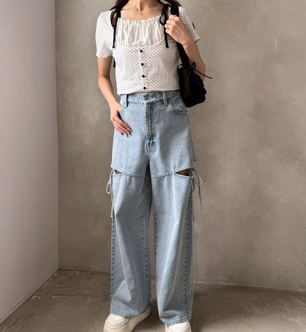  「【ウエストサイズ調整可】サイドあきリボンワイドデニム」|その他|