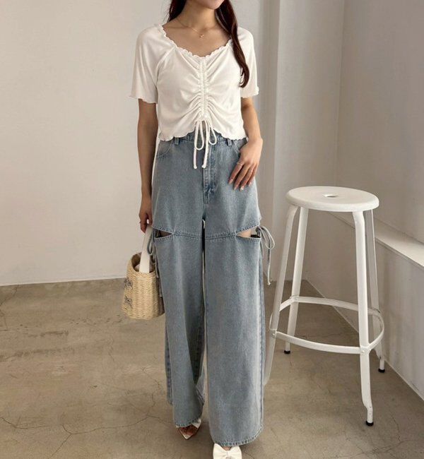  「【ウエストサイズ調整可】サイドあきリボンワイドデニム」|その他|