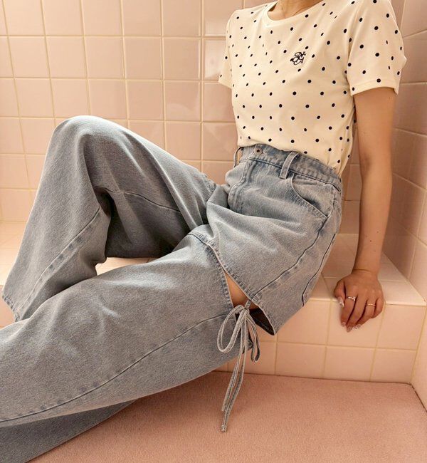  「【ウエストサイズ調整可】サイドあきリボンワイドデニム」|その他|