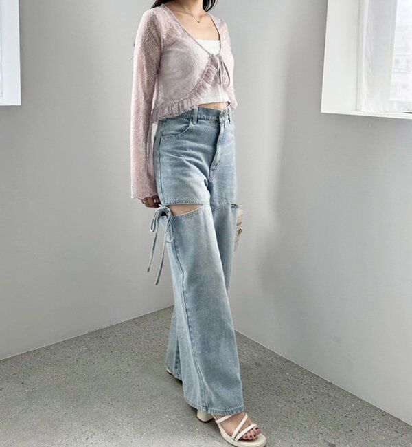  「【ウエストサイズ調整可】サイドあきリボンワイドデニム」|その他|