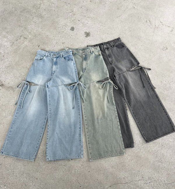  「【ウエストサイズ調整可】サイドあきリボンワイドデニム」|その他|