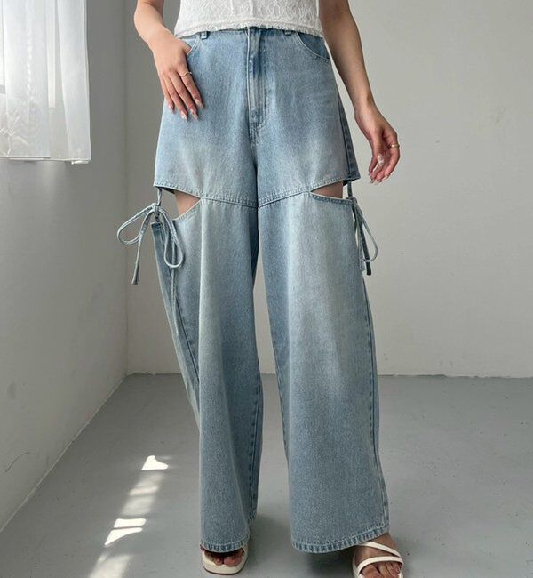  「【ウエストサイズ調整可】サイドあきリボンワイドデニム」|その他|