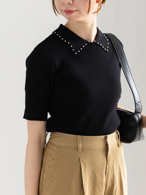 Te chichi「パールトリミングカラー5分袖ニット」|ニット・セーター|ブラック