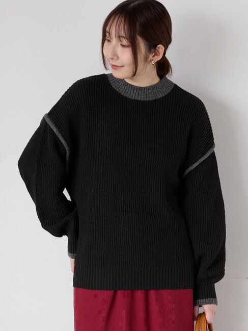 Te chichi TERRASSE「片畦配色オーバーサイズニットプルオーバー」|ニット・セーター|ブラック