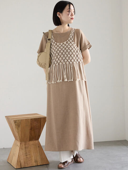 Samansa Mos2 blue「リネンタッチマキシワンピース」|ワンピース|ベージュ