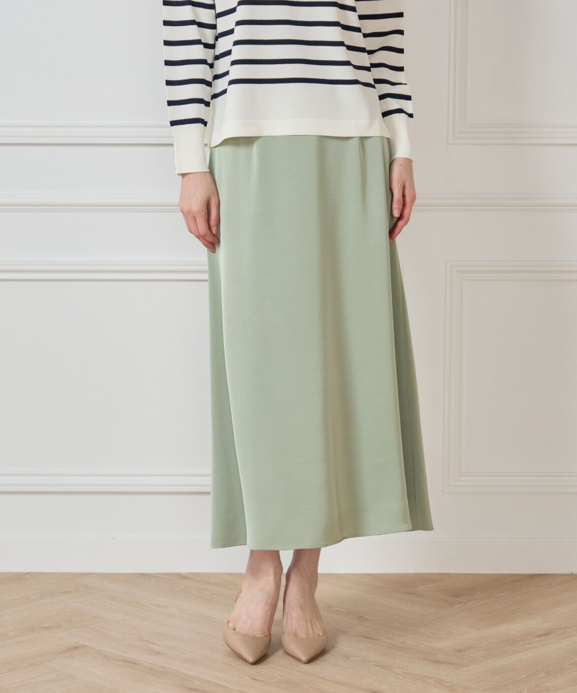 7-IDconcept.「サテンナローセミフレアスカート」|フレア|モスグリーン2