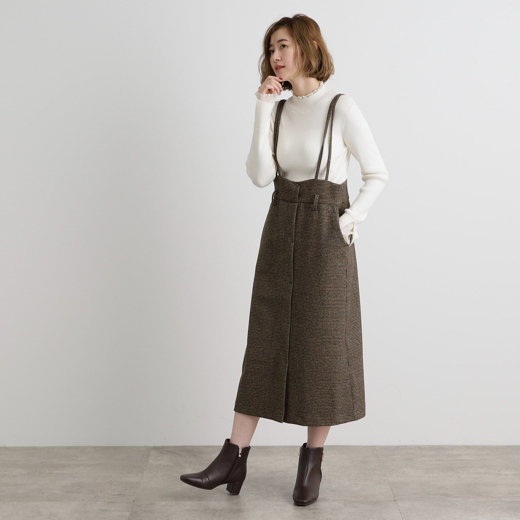 grove「起毛ジャージーナローストラップ付きスカート」|ジャンパースカート|