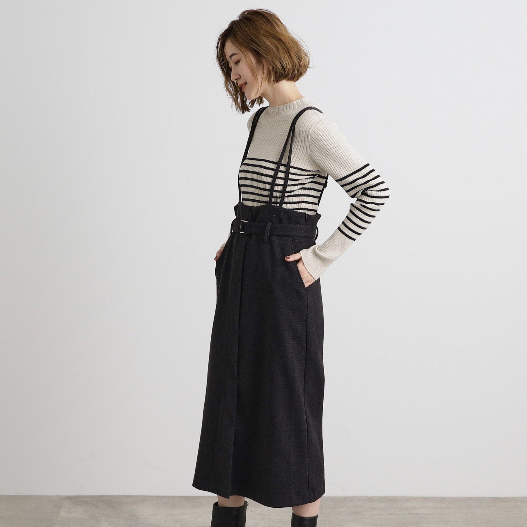 grove「起毛ジャージーナローストラップ付きスカート」|ジャンパースカート|