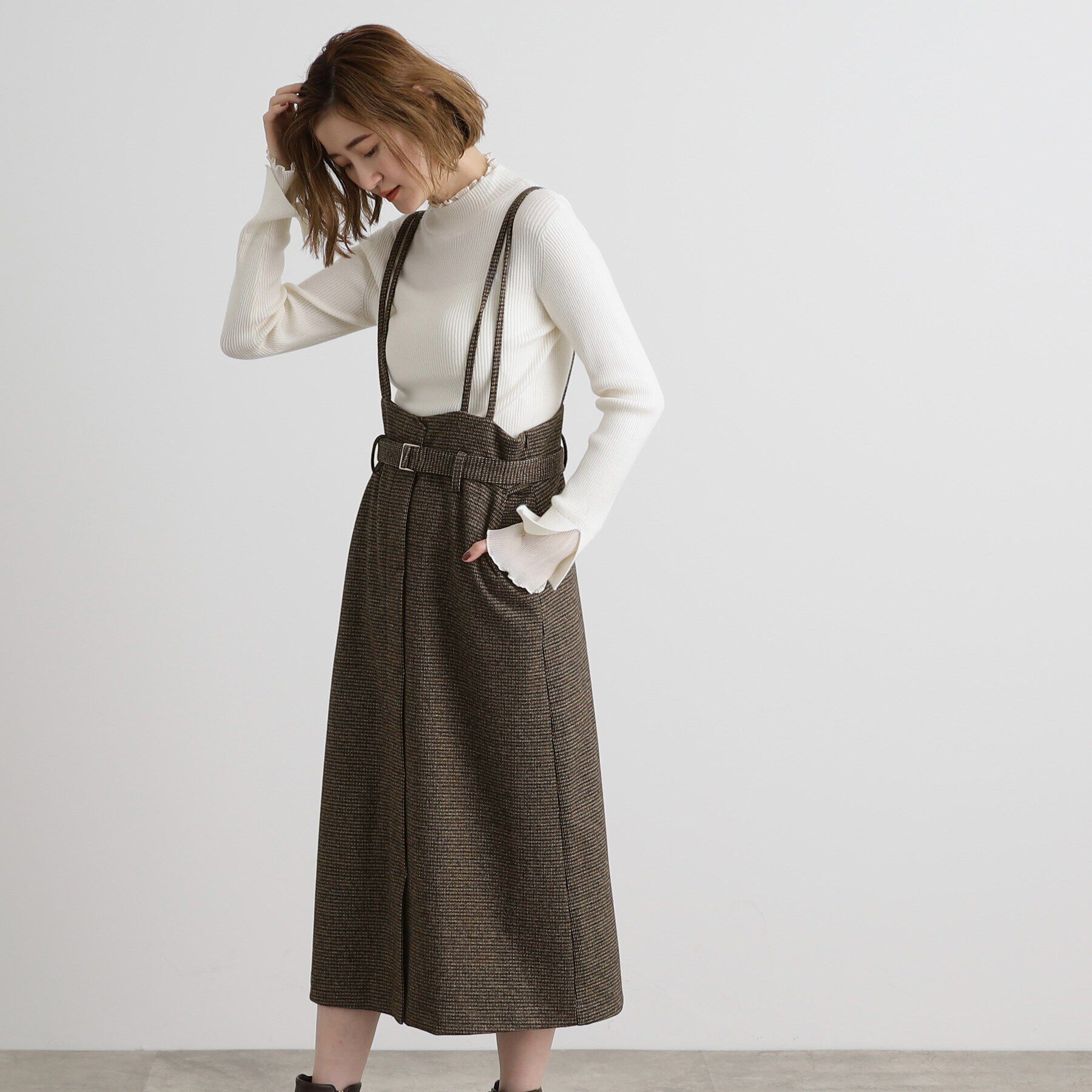 grove「起毛ジャージーナローストラップ付きスカート」|ジャンパースカート|