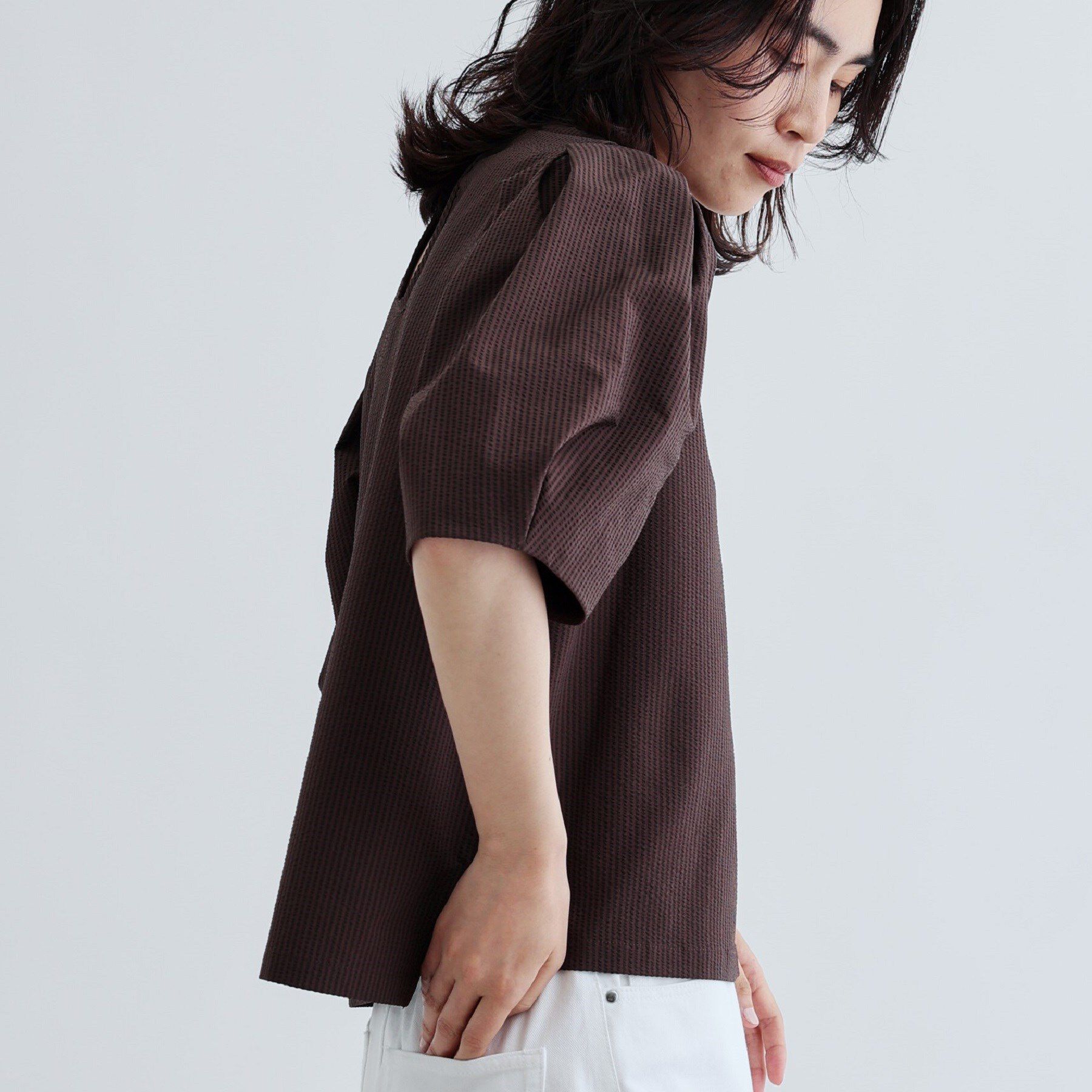 GALLEST「【セットアップ可能】ストライプサッカーブラウス」|シャツ・ブラウス|