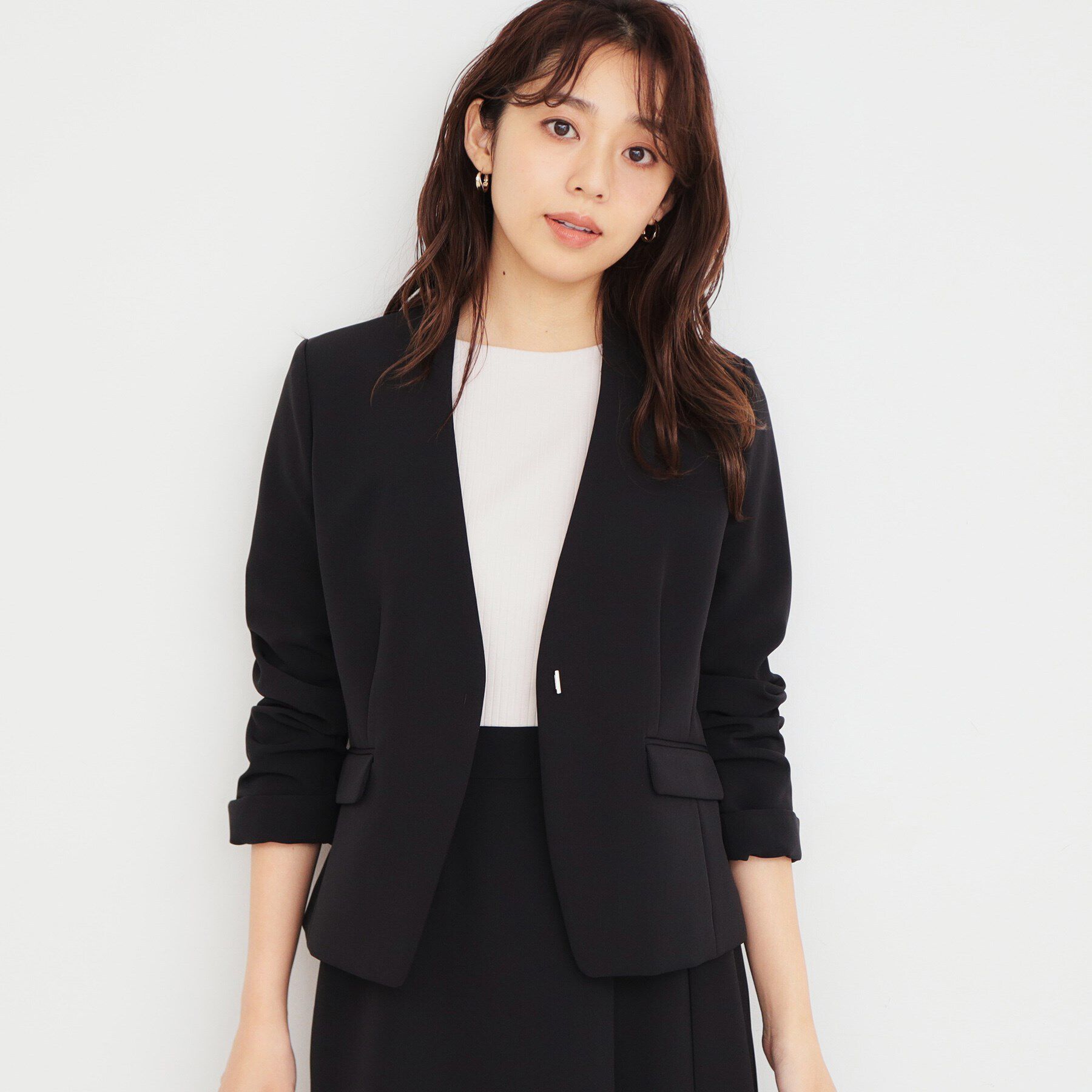 index「ダブルクロスノーカラージャケット/セットアップ対応【洗濯機洗い可/ストレッチ/防シワ/イージーアイロ」|ノーカラージャケット|ブラック(019)