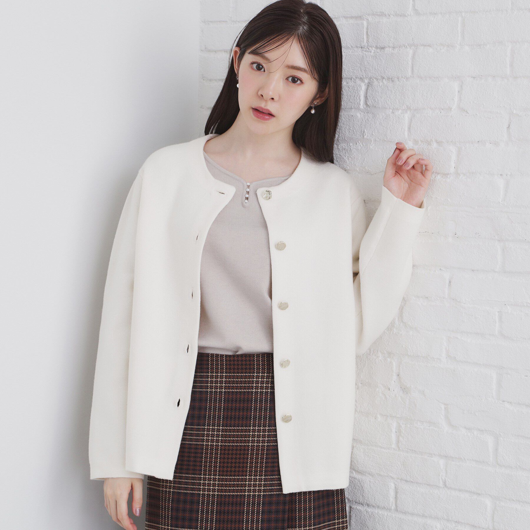 index「ノーカラーコーディガン【洗濯機洗い可】」|カーディガン|オフホワイト(003