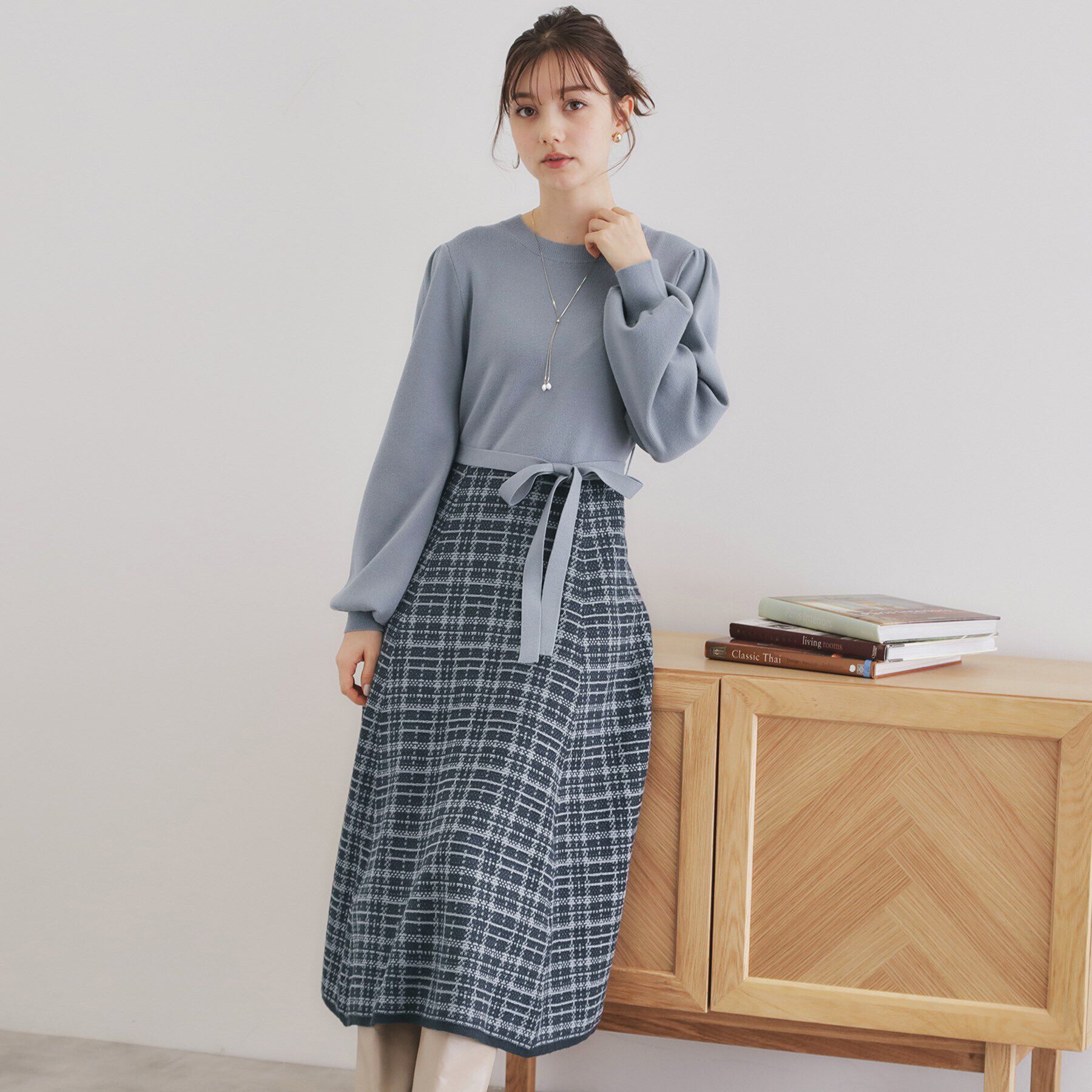 index「チェックラメジャカードニットワンピース【洗濯機洗い可】」|ワンピース|ブルー(891)